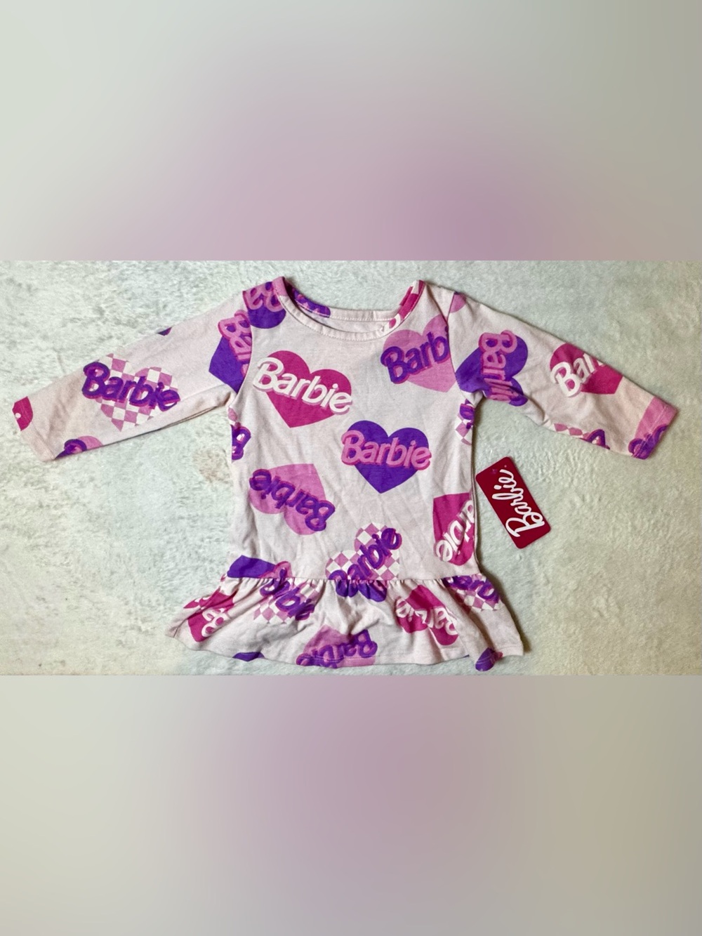 Barbie Pink and Purple Heart Print size 12m Toddler Top with ruffle bottom (NWT)